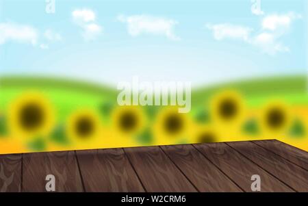 Wooden table with sunflowers background Vector realistic. Summer template layout. 3d illustration Stock Vector