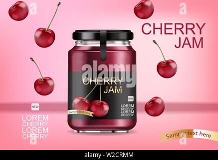Cherry jam Vector realistic mock up. Product placement label