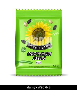 Sunflower seeds package Vector realistic isolated. Product packaging. Detailed 3d design Stock Vector