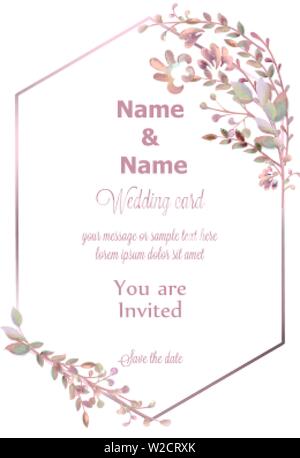 Wedding wreath watercolor Vector. Save the date pink leaves branch round card. Delicate poster. Summer decoration Stock Vector