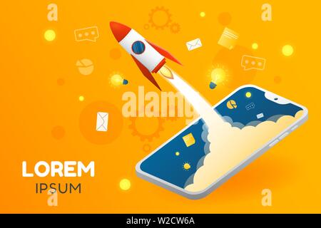 Vector creative illustration of application or  business startup banner with phone graphic. Stock Vector