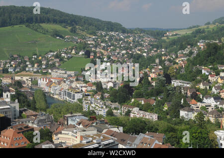 Switzerland: The view to the old town of Baden City and Ennetbaden in canton Aargau from the chateau above Stock Photo