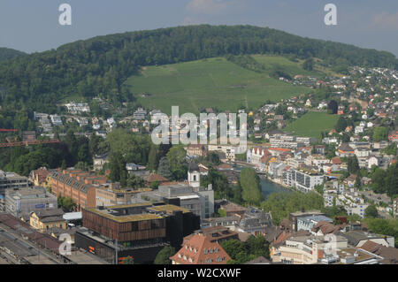 Switzerland: The view to the old town of Baden City and Ennetbaden in canton Aargau from the chateau above Stock Photo