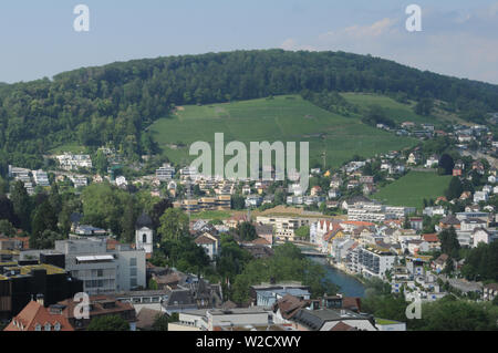 Switzerland: The view to the old town of Baden City and Ennetbaden in canton Aargau from the chateau above Stock Photo