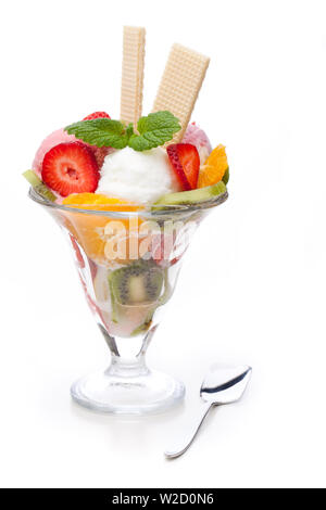 ice cream sundae: A fruit cup with cones isolated on white background Stock Photo