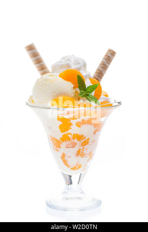 ice cream sundae: Mandarin cup from the front on a white background Stock Photo
