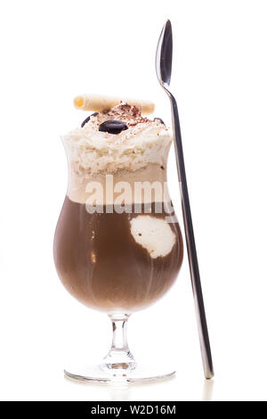 ice cream sundae: Iced coffee with whipped cream, waffle and spoons next to standing isolated on white background Stock Photo