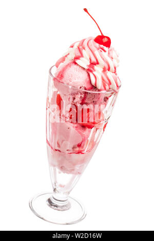 ice cream sundae: frozen cherry milkshake with cherry in top of whipped cream isolated on white background Stock Photo
