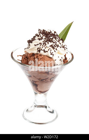 ice cream sundae: chocolate ice cream sundae with whipped cream and greens isolated on white background Stock Photo
