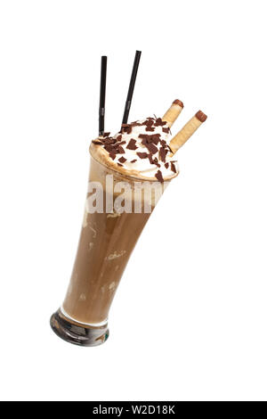 ice cream sundae: Iced coffee with 2 straws diagonal isolated on white background Stock Photo