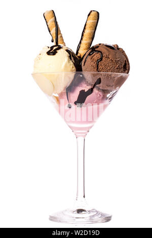 ice cream sundae: Three different scoops of ice cream with waffles and chocolate sauce isolated on white background Stock Photo