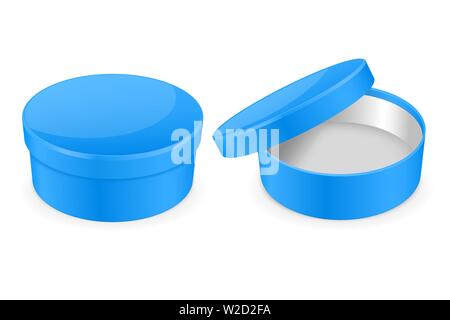 Blue box. Round hat box. Open and closed empty carton Stock Vector