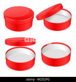 Round red hat box. Open and closed empty carton Stock Vector