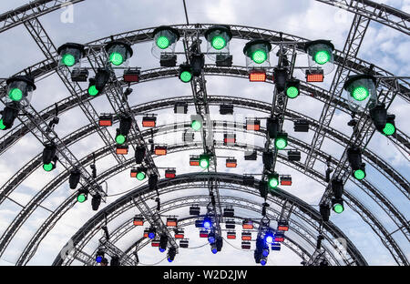 Construction with Spotlights and multicolored Lights at the Stage Picture as Background Stock Photo