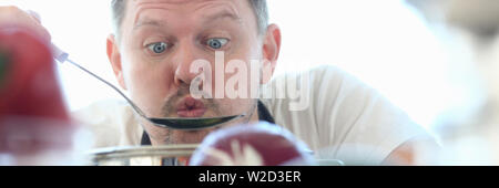 Funny Face Vlogger Chef Blowing Kitchen Spoon Stock Photo