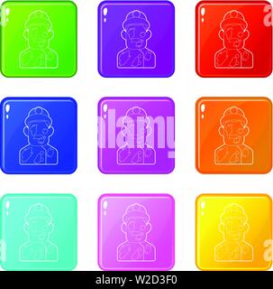 Miner icons set 9 color collection Stock Vector