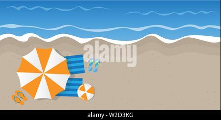 summer holiday on the beach top view with parasol flip flops and ball vector illustration EPS10 Stock Vector