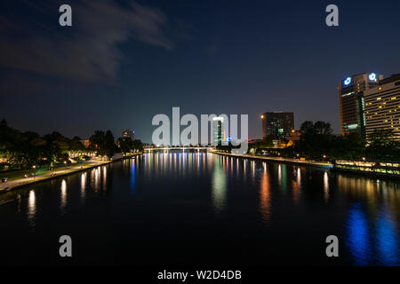 Frankfurt am Main, July 2019.  A night view of the city skyline from the river Main Stock Photo