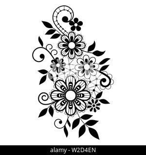 Retro lace vector single pattern, black ornamental design with flowers and swirls, detailed lace motif on white background Stock Vector