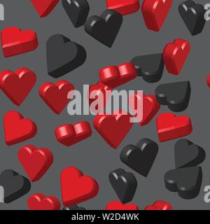 Black Red Colors Hearts Seamless Pattern, 3D Illustration Stock Vector