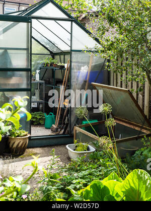 Looking through an open greenhouse door to see garden tools and plants. Stock Photo