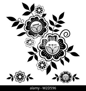 Retro wedding lace vector single design set, monochrome ornamental pattern with roses, flowers and swirls, detailed lace motif Stock Vector