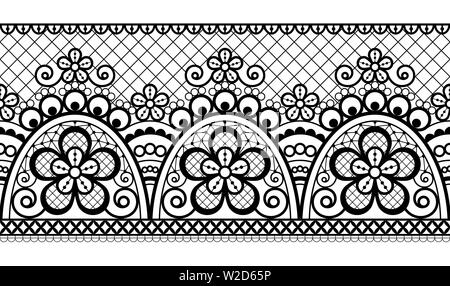 Seamless vector pattern - retro wedding lace design, old fashioned repetitive design with flowers and swirls in black on white background.  Embroidery Stock Vector