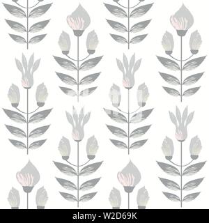 Beautiful warm grey and pastel flowers in minimal damask style design. Seamless vector pattern on subtl cream background. Great for wellness, beauty Stock Vector
