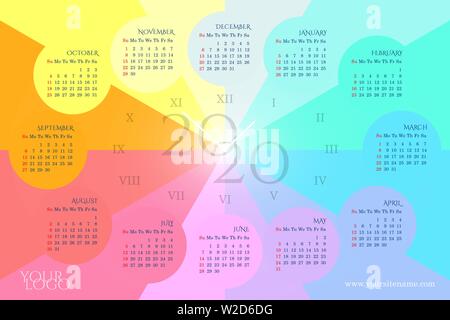 Rainbow wall calendar 2020 in the form of a clock with months in circles, days of the week, Roman numerals. Sundays highlighted in red. Colorful backg Stock Vector