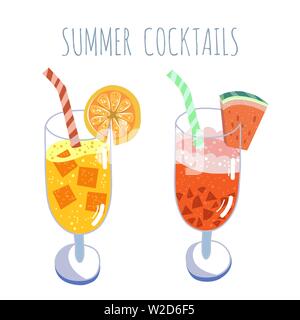Tropical cocktails set, summer drinks, vector hand drawn illustration. Isolated cocktail glass with beverages. Trendy flat design Stock Vector