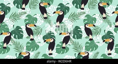 Hand drawn horizontal seamless pattern with tropical birds and leaves on blue background. Vector flat illustration of toucan . Stock Vector