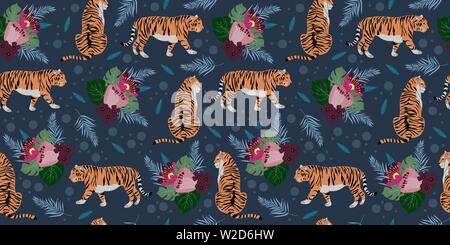 Seamless horizontal pattern with cartoon tigers and tropical flowers and leaves. Trendy flat style. Vector illustration Stock Vector