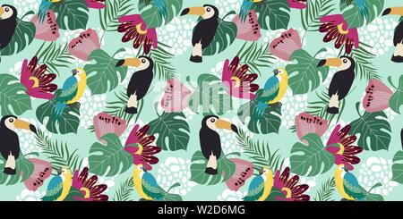 Hand drawn horizontal seamless pattern with tropical birds, flowers and leaves on blue background. Vector flat illustration of parrots and toucan . Stock Vector