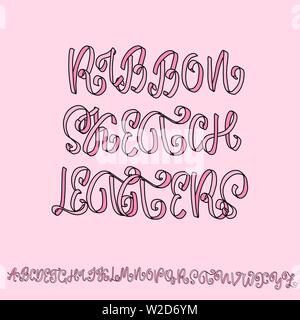 Ribbon sketch alphabet. Pink vector illustration. Stock Vector