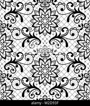 Seamless vector pattern - lace design with flowers and swirls, detailed ornament in black on white background Stock Vector