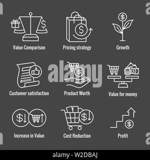 Competitive Pricing Icon Set w Growth, Profitability, and Worth Stock Vector