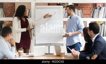 Two diverse business coaches work together give flip chart presentation Stock Photo