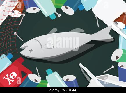 Plastic bag and dead fish in the water. Plastic pollution in the ...