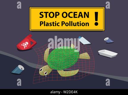 Corpse turtle at beach pollution with oil and junk, vector Stock Vector