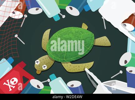 Dead turtle in pile of garbage at ocean pollution, vector Stock Vector