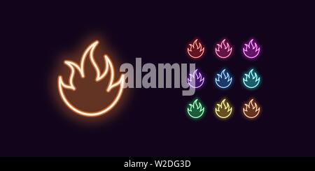 Neon Fire icon, Flame. Set of glowing Fire in Neon style with transparent backlight. Vector silhouette, red pink purple violet blue azure green yellow Stock Vector