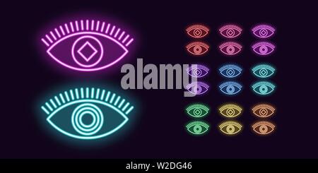 Neon Eye icon, Eyesight. Set of glowing Eyes in Neon style with transparent backlight. Vector silhouette, red pink purple violet blue azure green yell Stock Vector