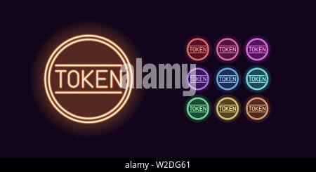 Neon Token icon, Cryptocurrency. Set of glowing Token coin in Neon style with transparent backlight. Vector silhouette, red pink purple violet blue az Stock Vector