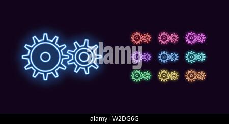 Neon Gear wheel icon, Transmission. Set of glowing Gear in Neon style with transparent backlight. Vector silhouette, red pink purple violet blue azure Stock Vector