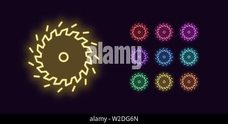 Neon Saw blade icon, Tool. Set of glowing Circular saw with sparks in Neon style with transparent backlight. Vector silhouette, red pink purple violet Stock Vector