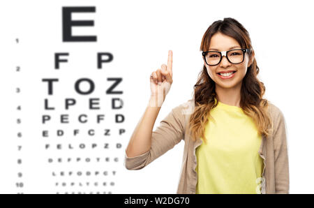 woman in glasses with finger up over eye chart Stock Photo