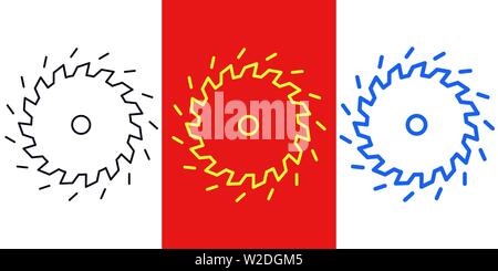 Saw blade icon with different stroke thickness, Tool. Set of isolated rotary Circular saw with sparks in outline style. Graphic sign, element and symb Stock Vector
