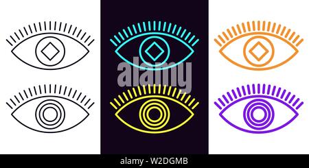 Eye icon with different stroke thickness, Eyesight. Set of isolated Eyes with eyelash in outline style, square and circle pupil. Graphic sign, element Stock Vector