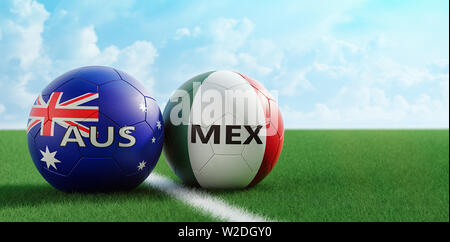 Mexico vs. Australia Soccer Match - Soccer balls in Australias and Mexicos national colors on a soccer field. Copy space on the right side - 3D Render Stock Photo