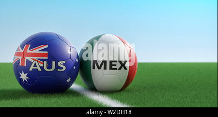 Mexico vs. Australia Soccer Match - Soccer balls in Australias and Mexicos national colors on a soccer field. Copy space on the right side - 3D Render Stock Photo